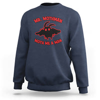 Navy crewneck sweatshirt with red “Mr. Mothman” moth graphic on chest