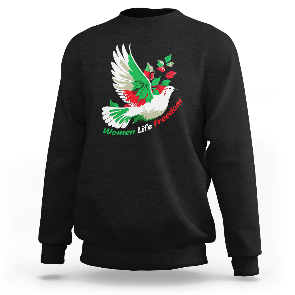 Women's black sweatshirt with white-winged bird and 'Women Life Freedom' print