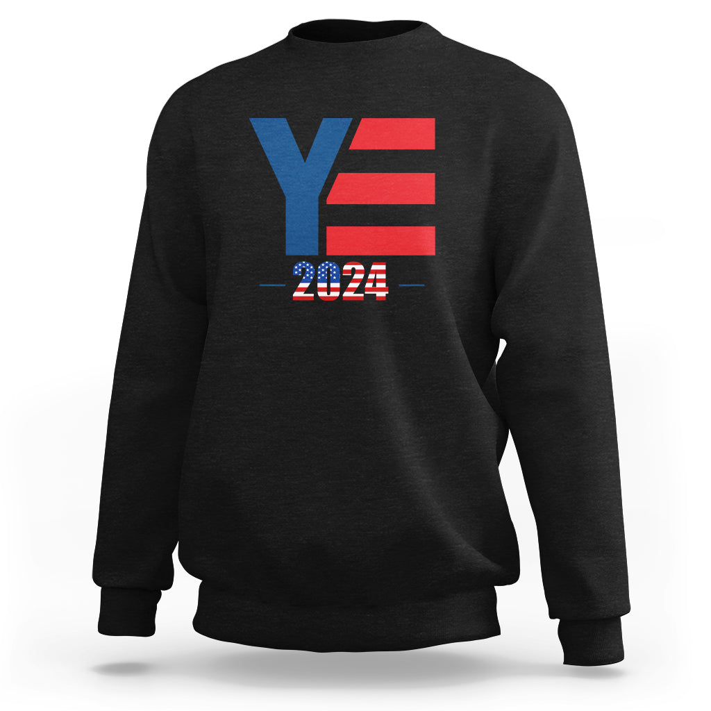 Black crewneck sweatshirt with colorful YE and 2024 graphic on chest