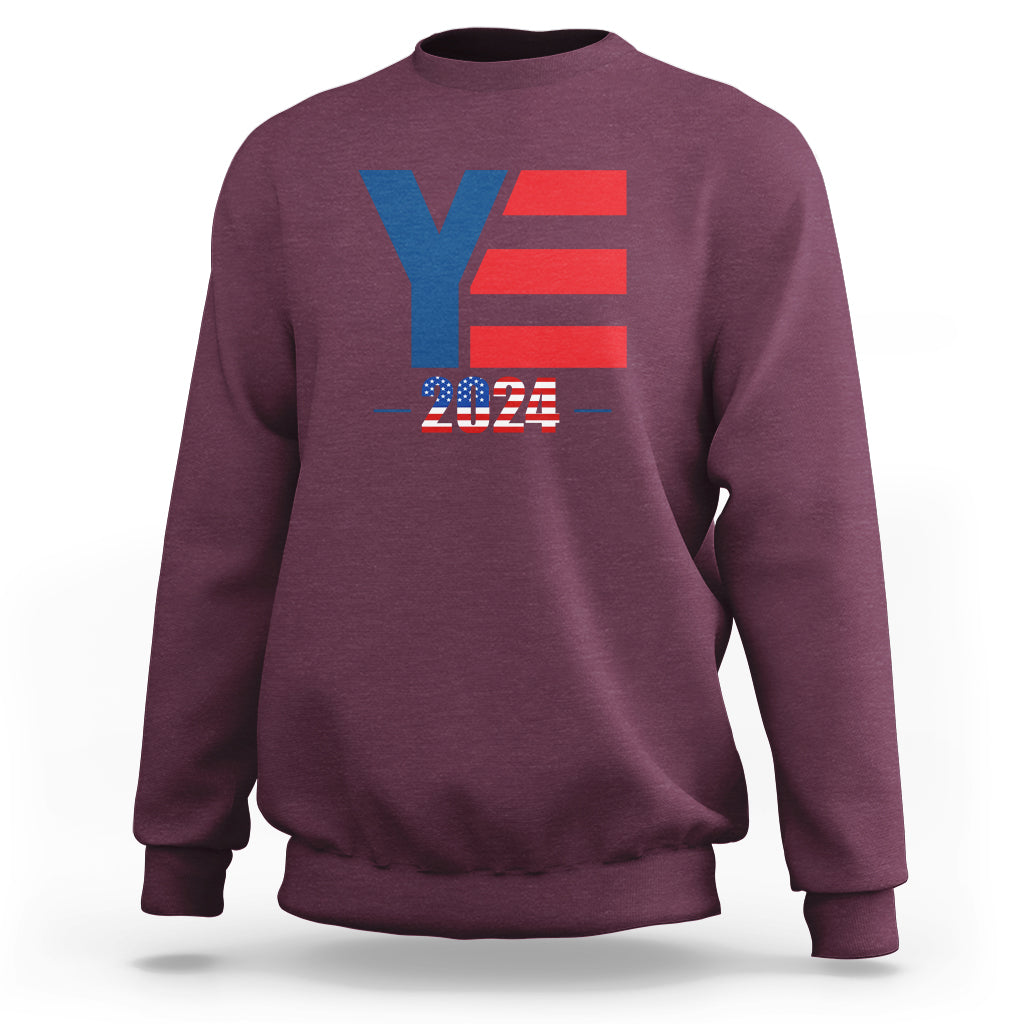 Maroon crewneck sweatshirt with colorful YE and 2024 graphic on chest