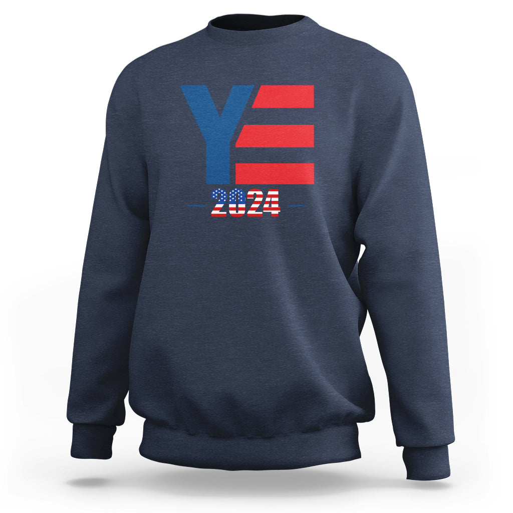 Navy crewneck sweatshirt with colorful YE and 2024 graphic on chest