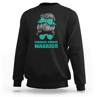 Black cervical cancer warrior sweatshirt with teal ribbon messy bun back graphic