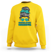 Daisy yellow cervical cancer warrior sweatshirt with teal ribbon messy bun back graphic