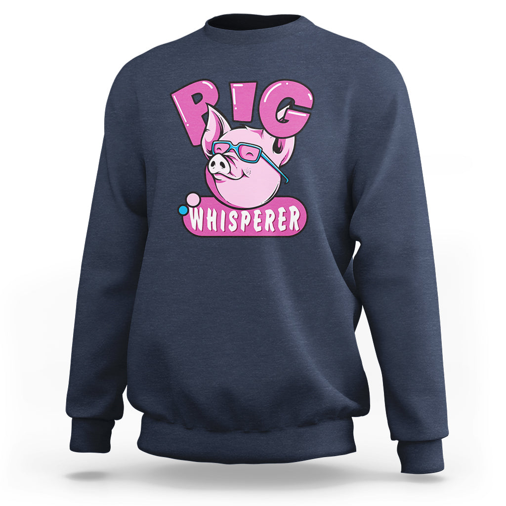 Pig whisperer sweatshirt, navy with pink pig 'PIG WHISPERER' graphic