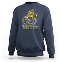 Navy motorcycle sweatshirt with yellow/white rider graphic and 'WIND IS FREE' text print
