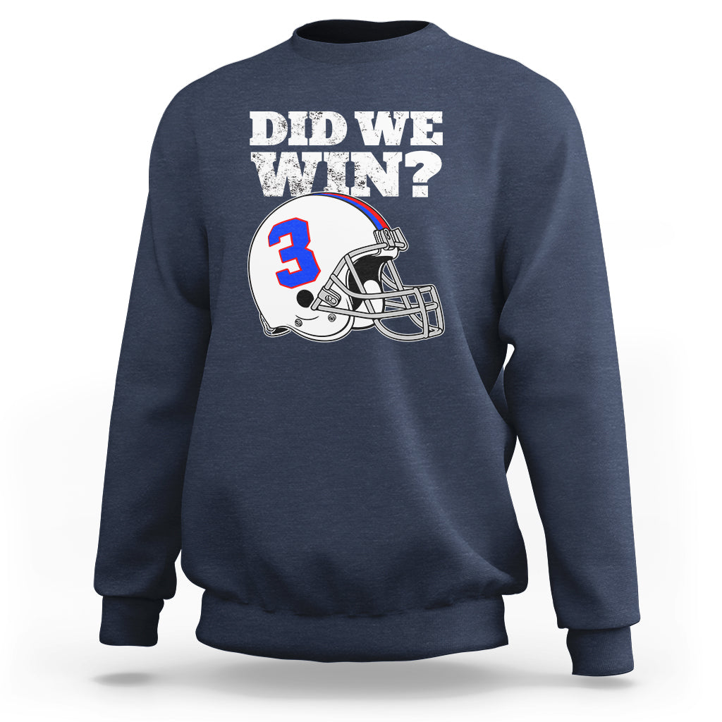 Navy sweatshirt with "Did We Win?" football helmet graphic on chest