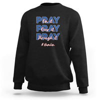 Black sweatshirt with front prayer-themed graphic lettering and long sleeves