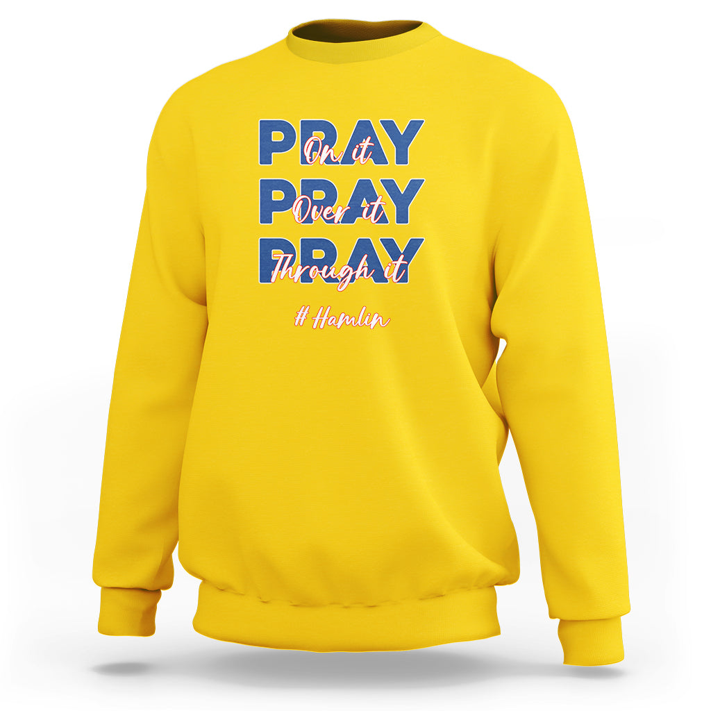 Daisy yellow sweatshirt with front prayer-themed graphic lettering and long sleeves