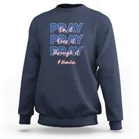 Navy sweatshirt with front prayer-themed graphic lettering and long sleeves