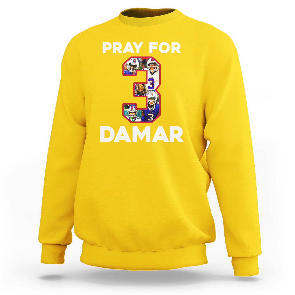 Daisy yellow crewneck sweatshirt with 'PRAY FOR' and 'DAMAR' number 3 front graphic