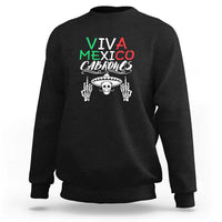 Black crewneck sweatshirt with Viva Mexico Cabrones skull graphic.