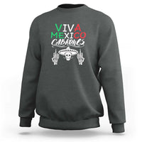 Dark heather crewneck sweatshirt with Viva Mexico Cabrones skull graphic.