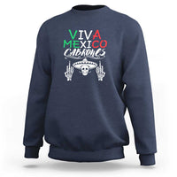 Navy crewneck sweatshirt with Viva Mexico Cabrones skull graphic.