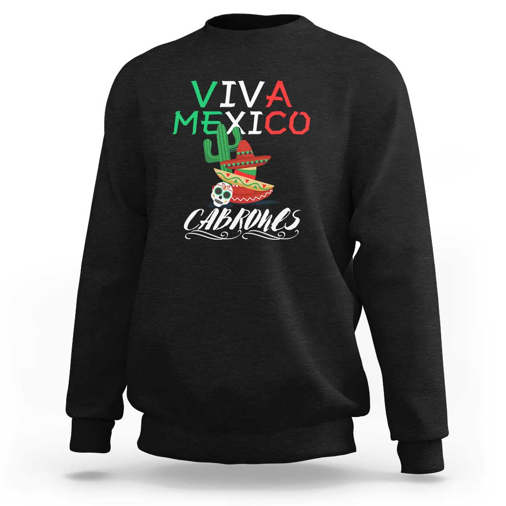 Black crewneck sweatshirt with 'VIVA MEXICO' and 'Cabrones' flag graphic on back