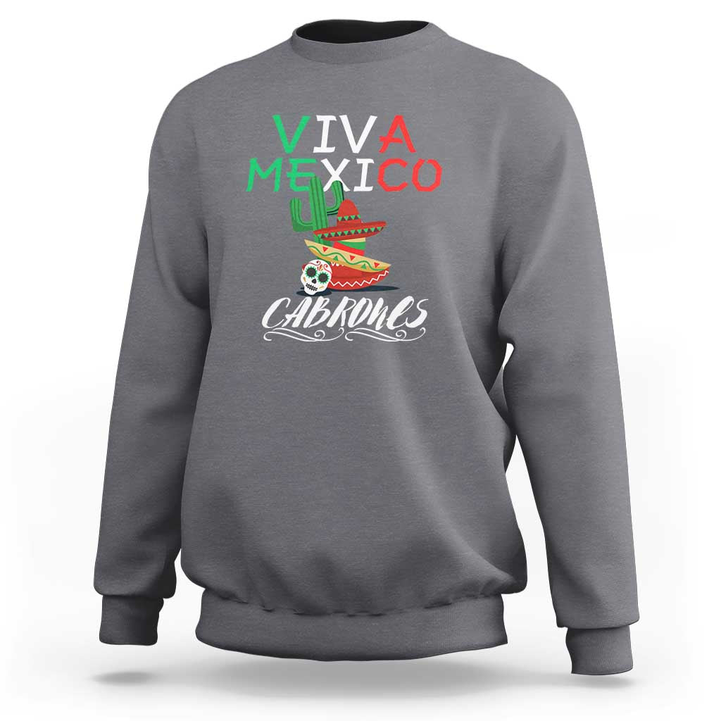 Charcoal crewneck sweatshirt with 'VIVA MEXICO' and 'Cabrones' flag graphic on back