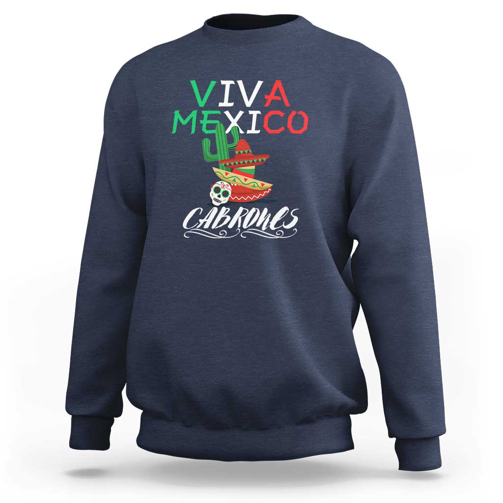 Navy crewneck sweatshirt with 'VIVA MEXICO' and 'Cabrones' flag graphic on back