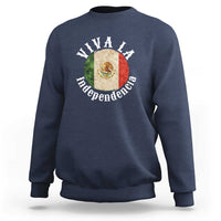 Blue crewneck sweatshirt with Mexico independence graphic on chest