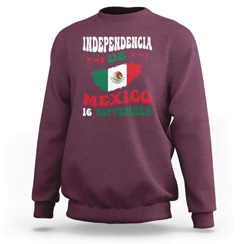Maroon crewneck sweatshirt with Independence de Mexico 16 September graphic and flag