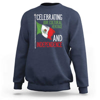 Navy sweatshirt, back graphic with Mexican flag and text “Celebrating…Independence”