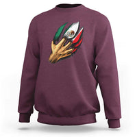 Maroon Mexican flag sweatshirt with hand holding flag graphic, crew neck long sleeves