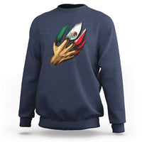 Navy Mexican flag sweatshirt with hand holding flag graphic, crew neck long sleeves