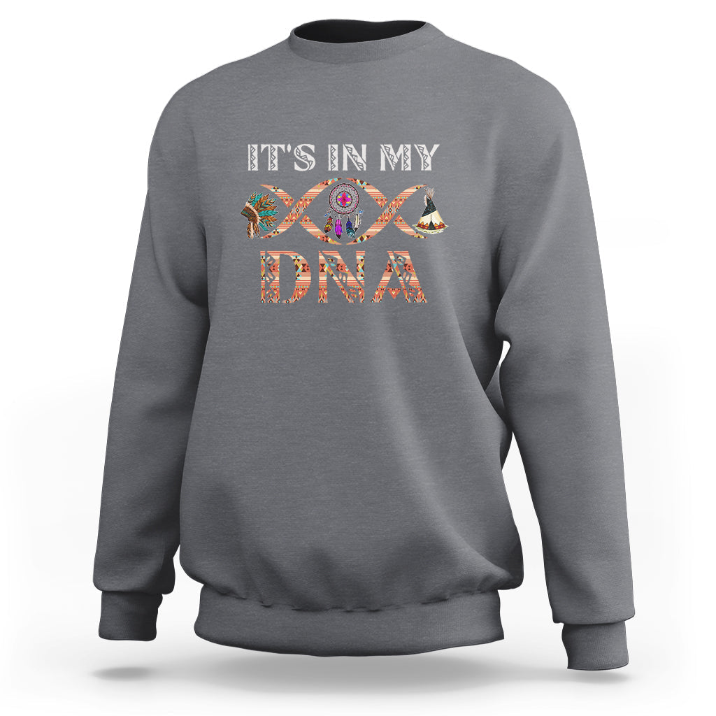 Charcoal crewneck sweatshirt with “IT’S IN MY DNA” graphic and tribal fish design