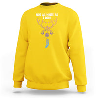 Daisy yellow sweatshirt with purple deer dreamcatcher graphic and “NOT AS WHITE AS I LOOK”