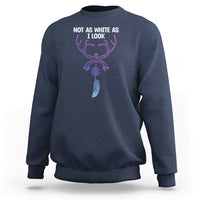 Navy sweatshirt with purple deer dreamcatcher graphic and “NOT AS WHITE AS I LOOK”