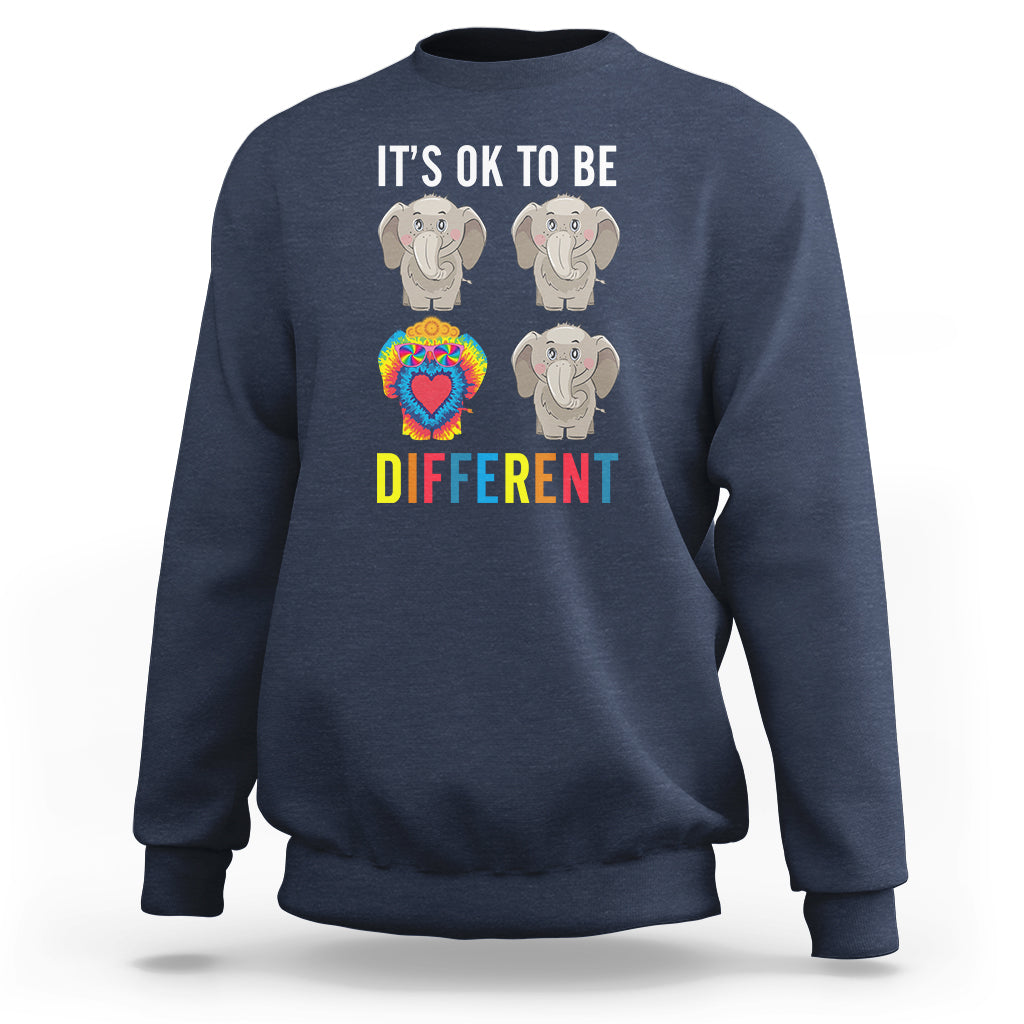 Autism acceptance sweatshirt, navy, elephant faces and “It's OK to be Different”
