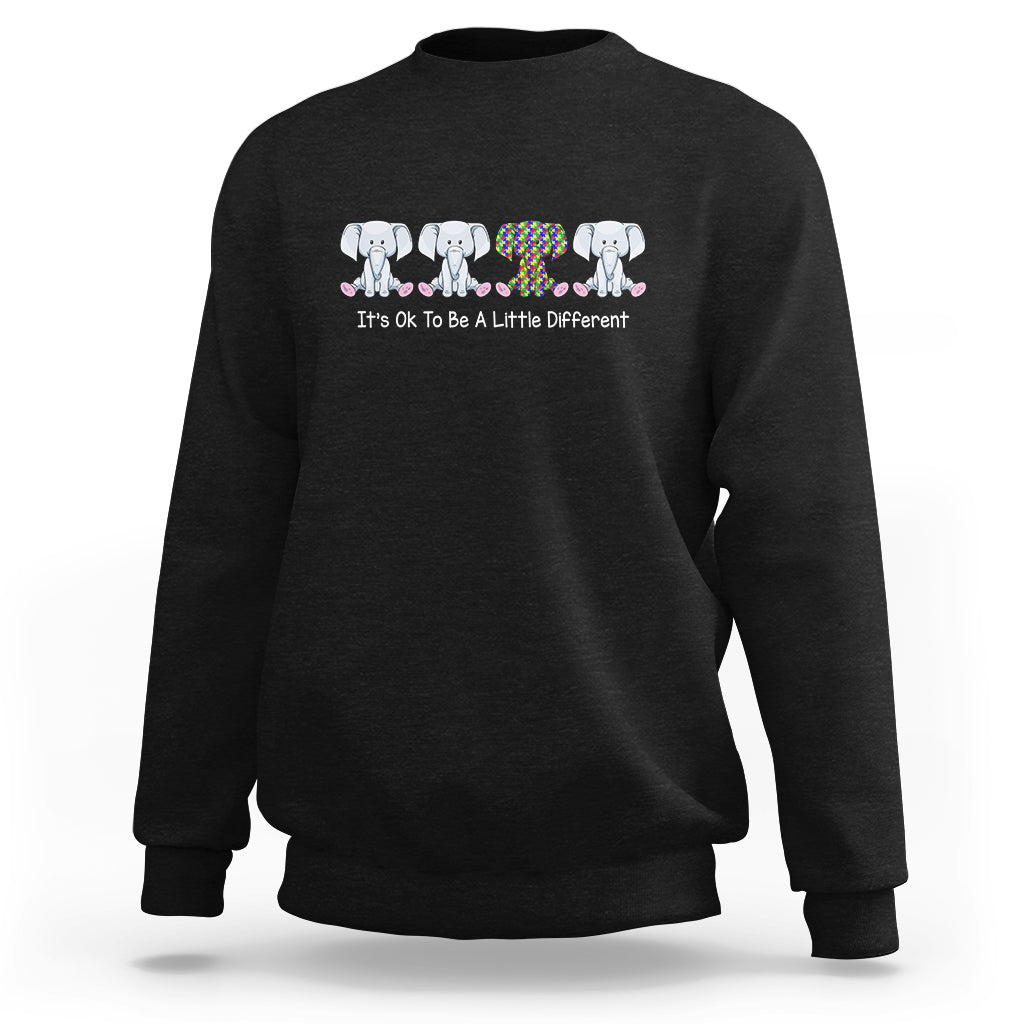 Autism-themed sweatshirt in black with elephant graphic and “It's Ok To Be A Little Different”