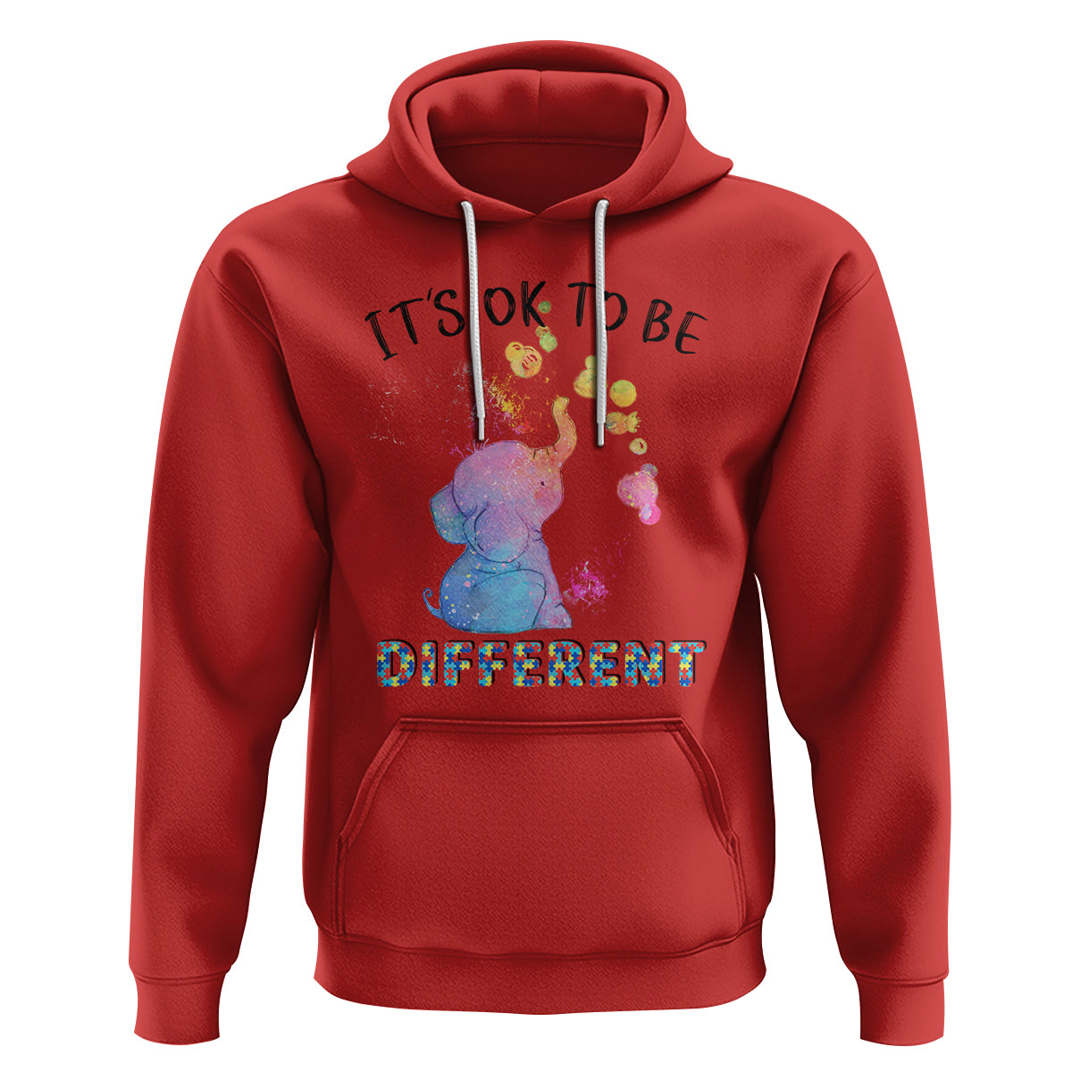 Red autism support hoodie with watercolor elephant graphic and "It's OK to be different".