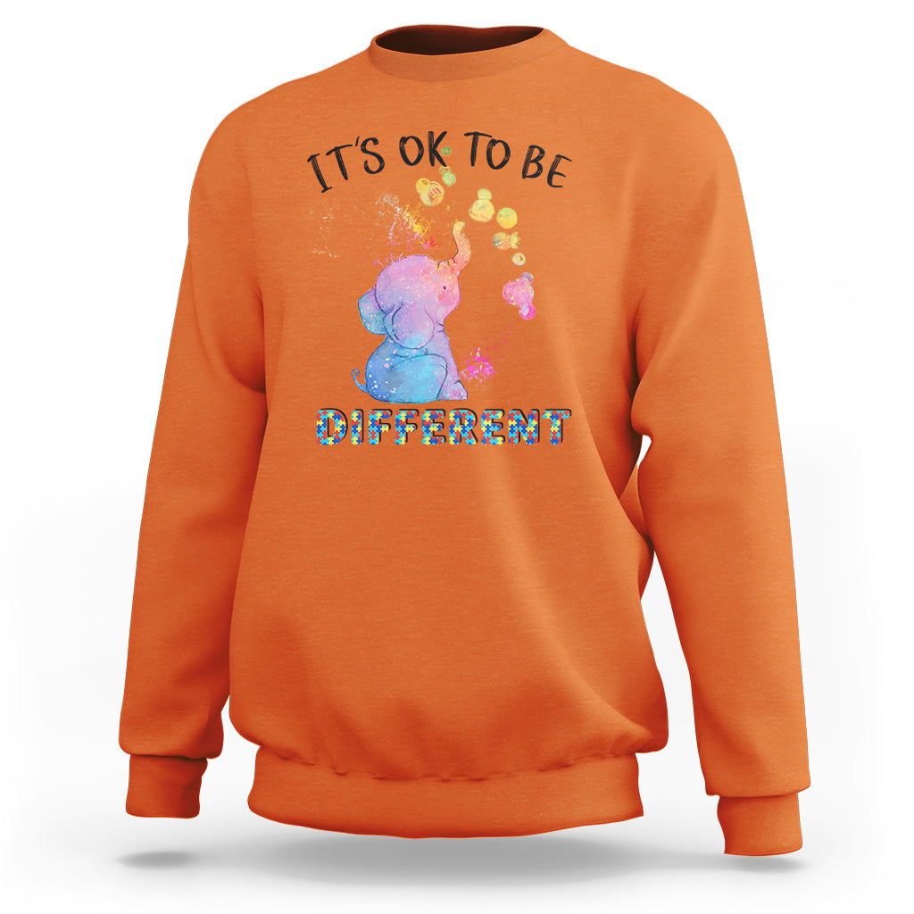 Autism support sweatshirt, orange with watercolor elephant and “It’s ok to be different” text