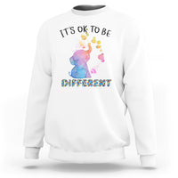 Autism support sweatshirt, white with watercolor elephant and “It’s ok to be different” text