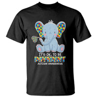 Black T-shirt with colorful autism awareness elephant graphic and text