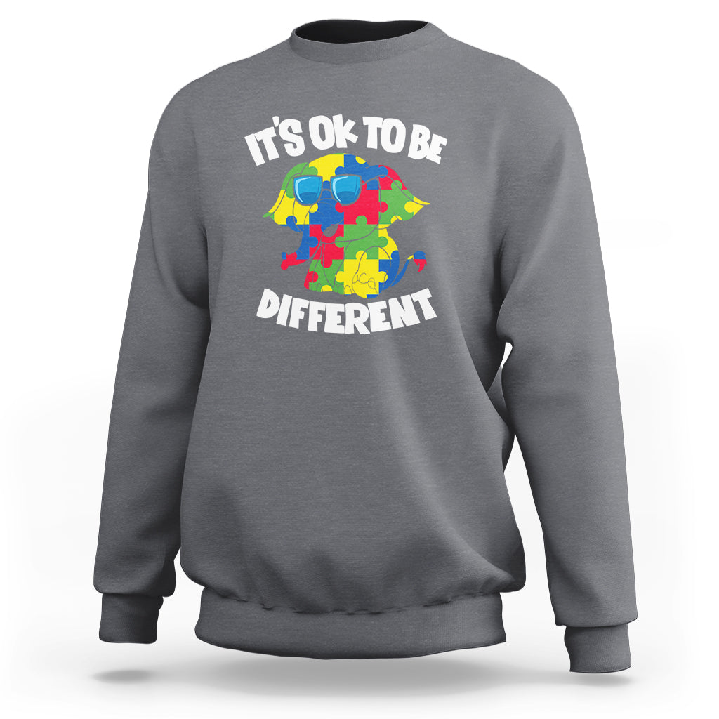 Charcoal autism awareness sweatshirt with “It’s OK to be Different” elephant graphic.