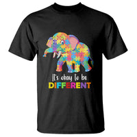 Graphic elephant autism awareness T-shirt, black, “It’s okay to be DIFFERENT” text
