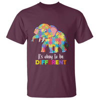 Graphic elephant autism awareness T-shirt, maroon, “It’s okay to be DIFFERENT” text