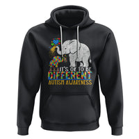 Autism awareness hoodie in black with elephant graphic, drawstring hood, pouch pocket.