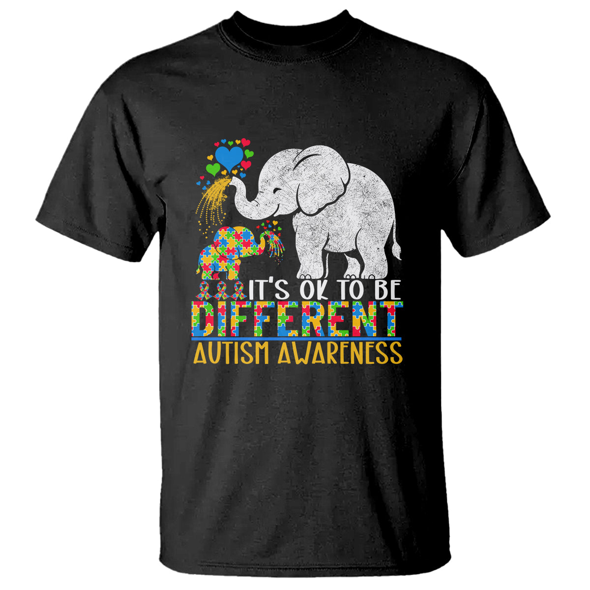 Black autism awareness T-shirt with gray elephant and colorful rainbow graphic
