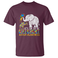 Maroon autism awareness T-shirt with gray elephant and colorful rainbow graphic