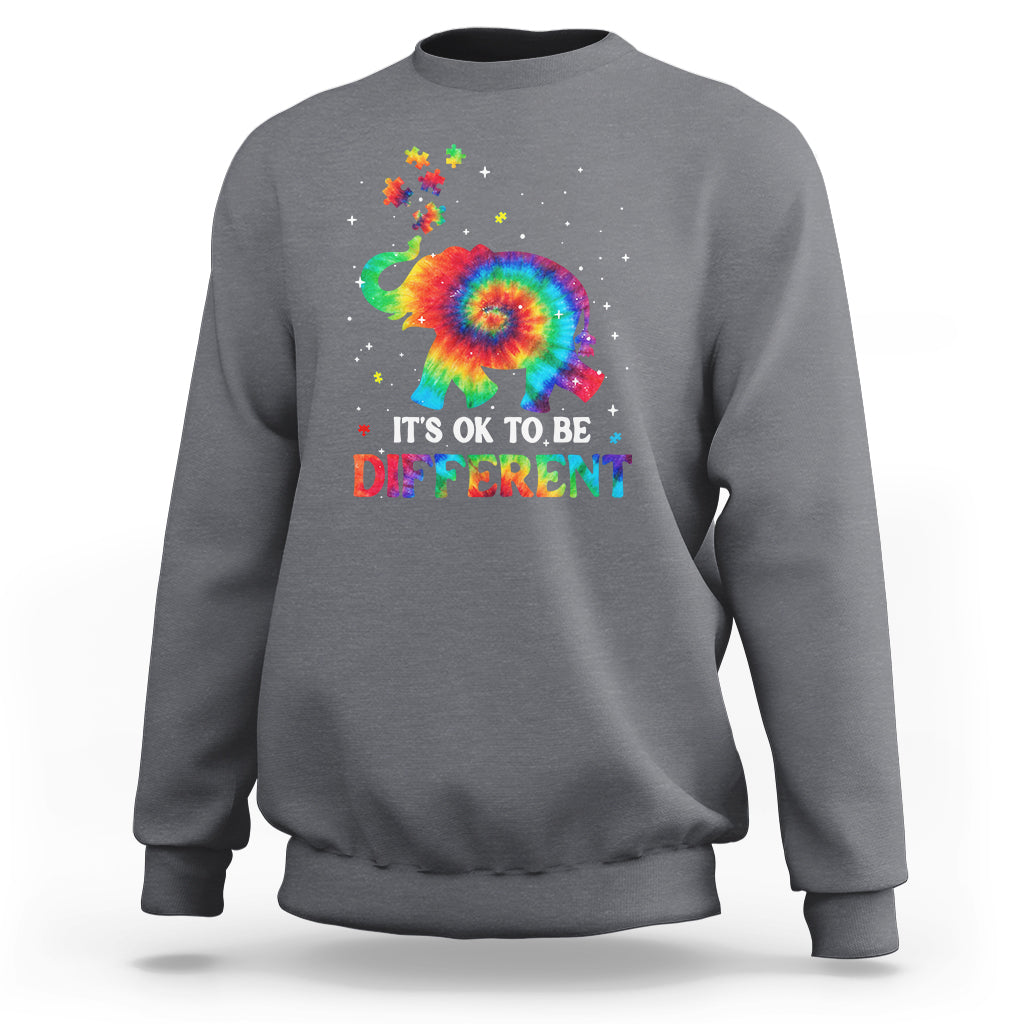 Tie-dye elephant autism sweatshirt in heather gray, “It’s Ok To Be Different” graphic
