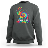 Tie-dye elephant autism sweatshirt in dark heather gray, “It’s Ok To Be Different” graphic