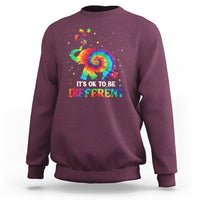 Tie-dye elephant autism sweatshirt in maroon, “It’s Ok To Be Different” graphic