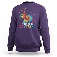 Tie-dye elephant autism sweatshirt in purple, “It’s Ok To Be Different” graphic