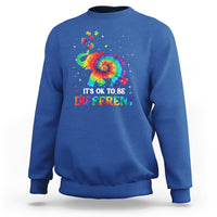 Tie-dye elephant autism sweatshirt in royal blue, “It’s Ok To Be Different” graphic