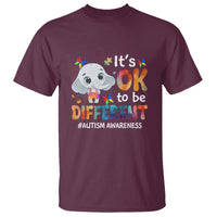 Maroon autism awareness T-shirt with elephant 'It's ok to be different' text