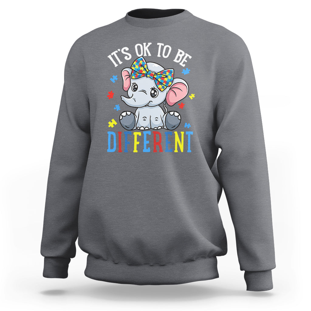 Gray autism awareness sweatshirt with elephant “It's OK to be Different” graphic