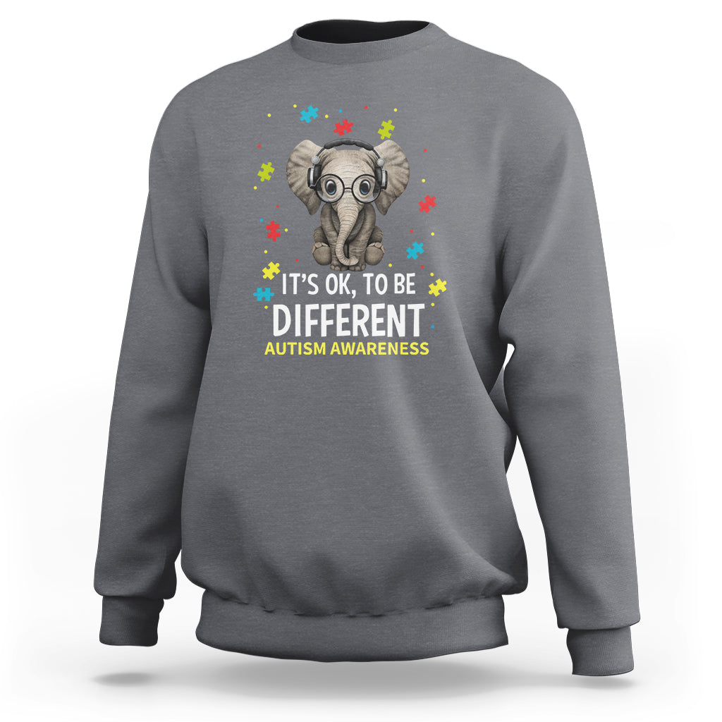 Dark heather gray sweatshirt with autism elephant graphic and "It's OK, to be Different" text