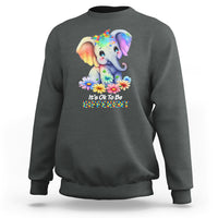Heather gray sweatshirt with rainbow elephant graphic and multicolor word text