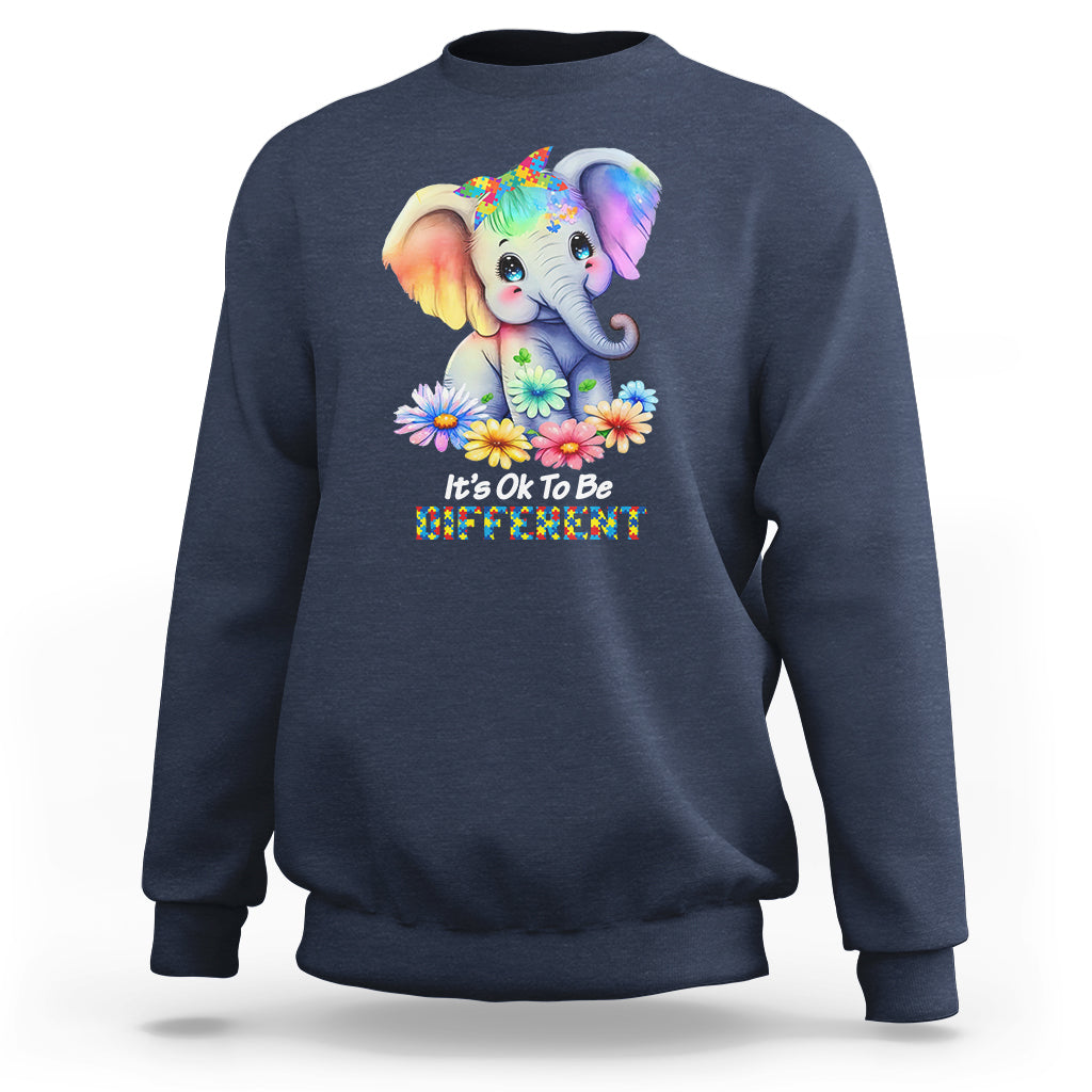 Navy autism awareness sweatshirt with rainbow elephant and flower graphic